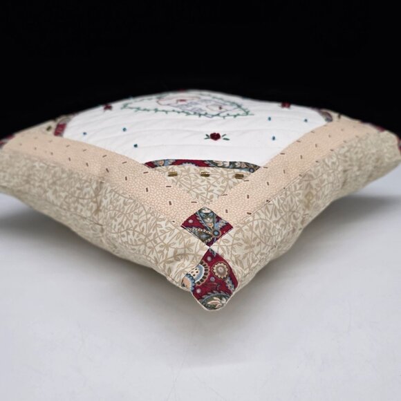 Handmade Quilted Beaded Throw Pillow Embroidered House & Heart Design 10" Square - Picture 11 of 13